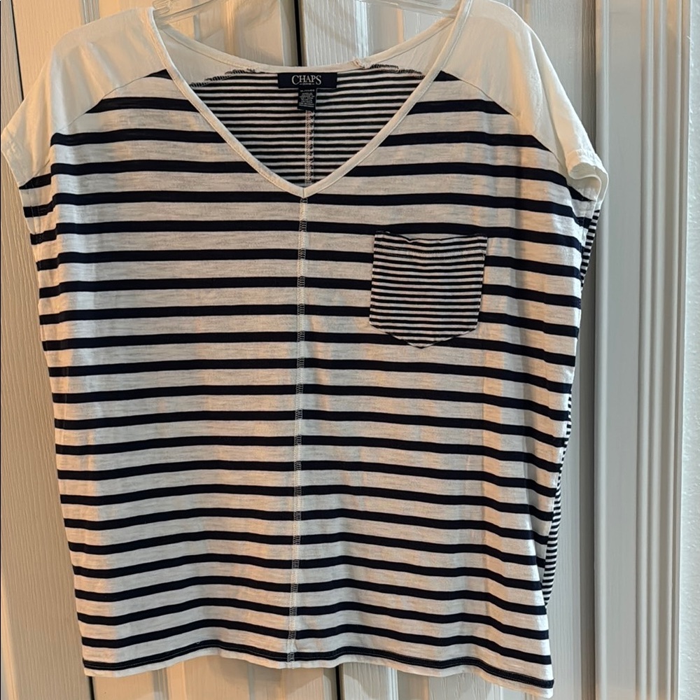 Chaps Women's Striped Navy and White Top